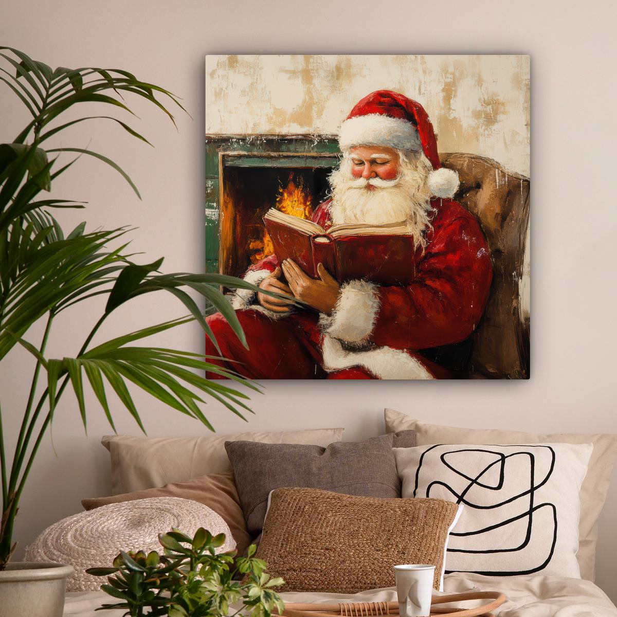 LEINWANDBILD Weihnachten - Weihnachtsmann - Winter - Open Fireside Deko Groß 90x90 cm - Dunkelrot, Textil (90/90cm) - MuchoWow