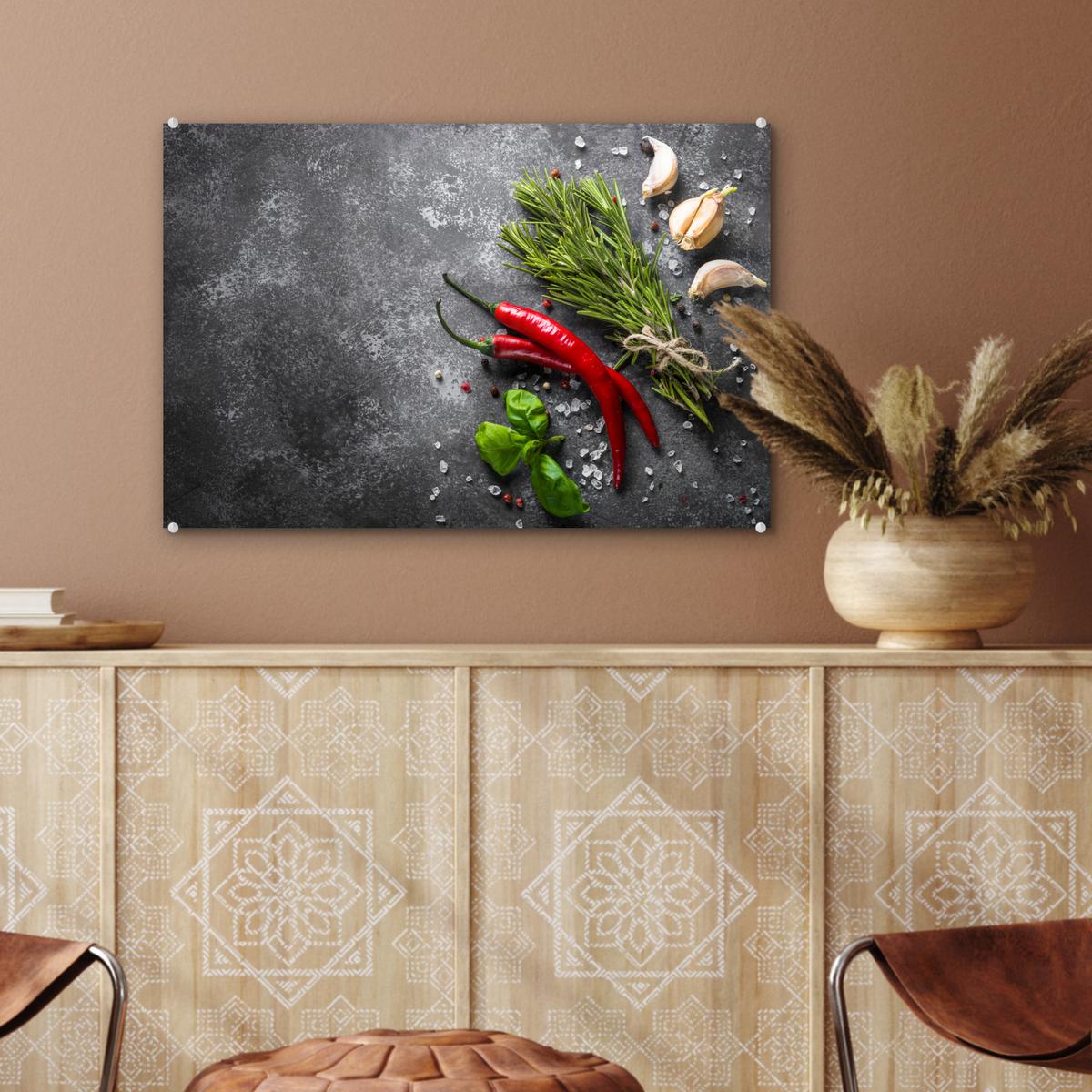ACRYLGLASBILD Pfeffer - Kräuter - Gewürze - Beton Wanddeko 60x40 cm - Dunkelgrau, Glas (60/40cm) - MuchoWow