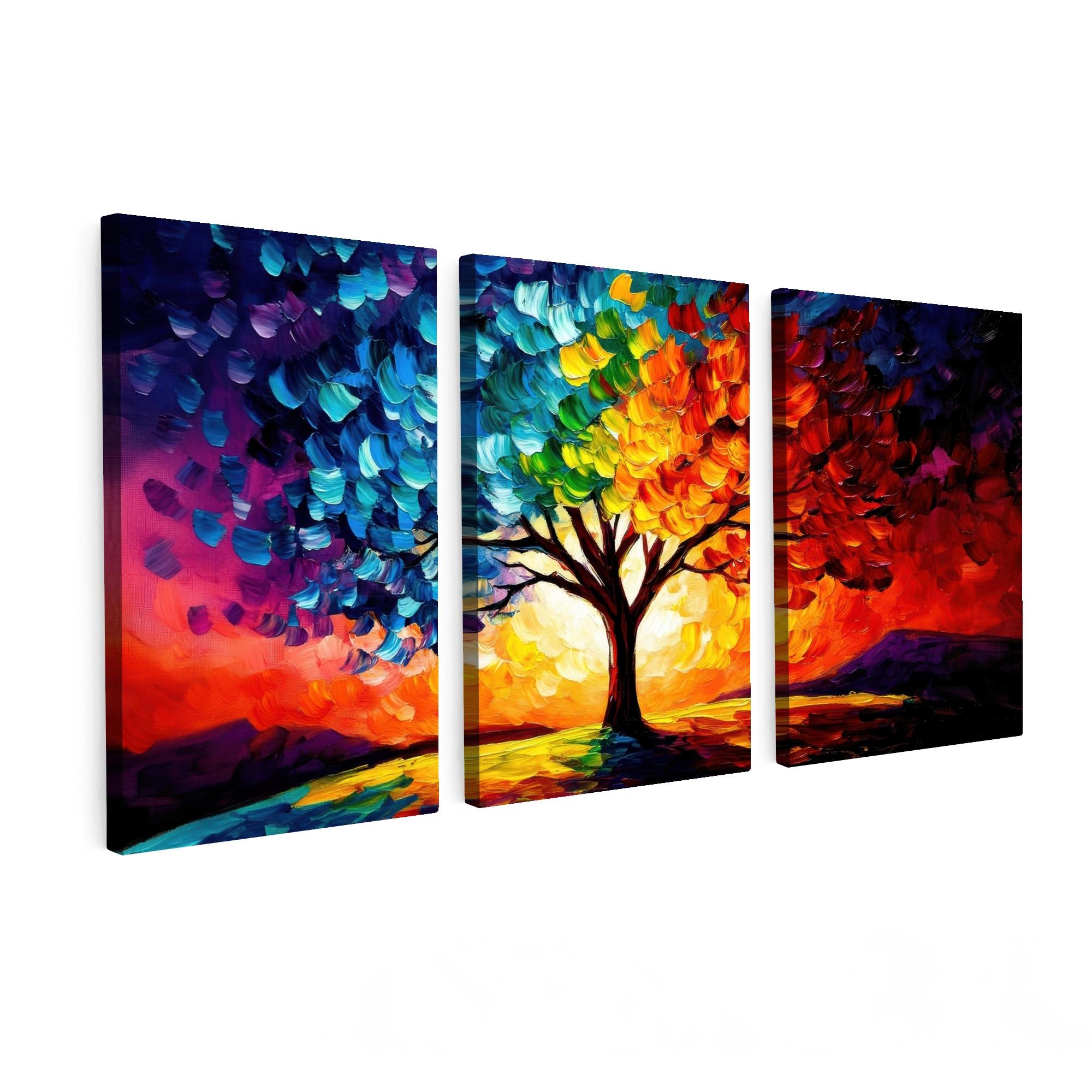 LEINWANDBILD 3er Set Baum - Farbenfroh - Malerei-Look - Abstrakt 120x60 cm - Multicolor, Textil (120/60cm) - MuchoWow