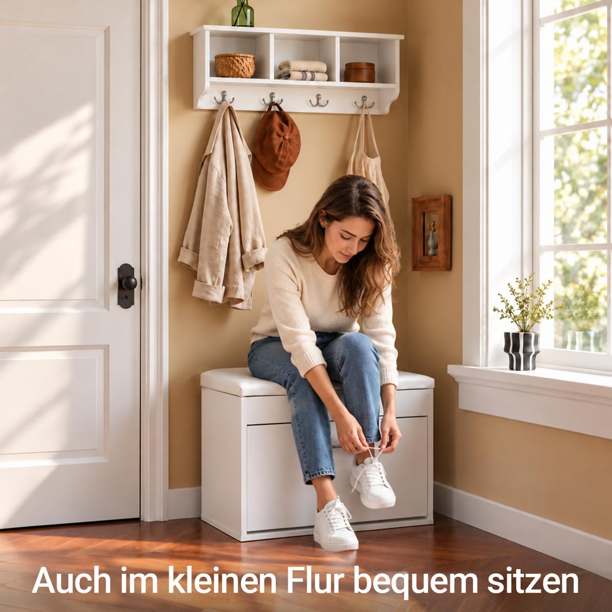 SITZBANK Weiß mit Klappe und Deckel, 60 x 50 x 30 cm, bis 120 kg, Sitzpolster aus PU, Schuhbank für den Flur - Weiß, Holzwerkstoff (60/50/30cm) - SoBuy