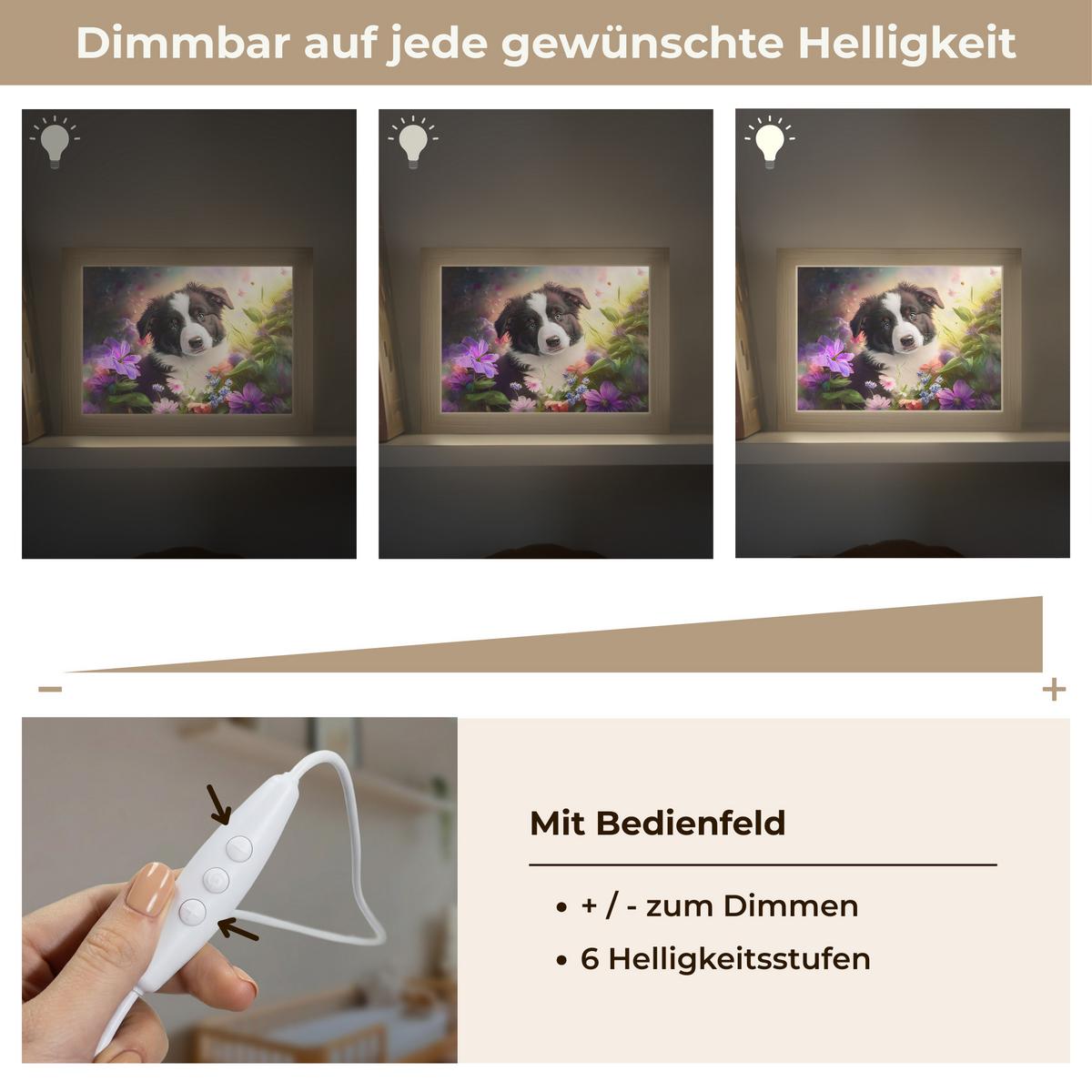 NACHTTISCHLAMPE Welpe - Sonne - Blumen - Natur - Border Collie - Hund 20x15 cm - Violett, Holzwerkstoff (8/20/15cm) - OnlyWow
