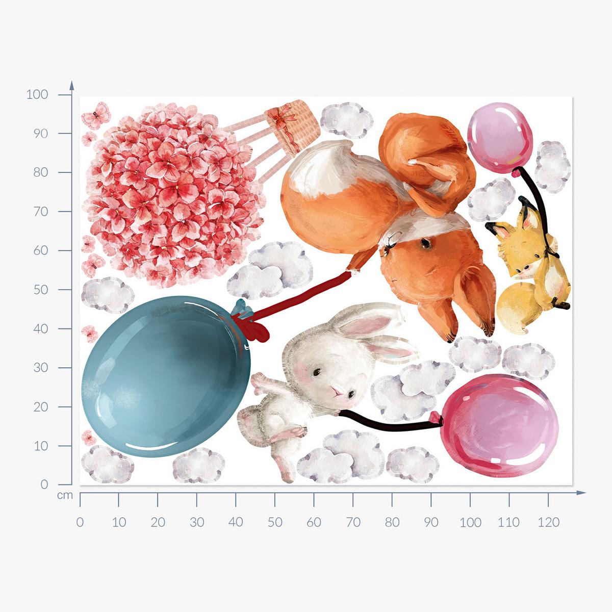 WANDAUFKLEBER 100x127cm - Tiere mit Luftballons - Multicolor, Kunststoff (100/127/0.1cm) - Wallfluent