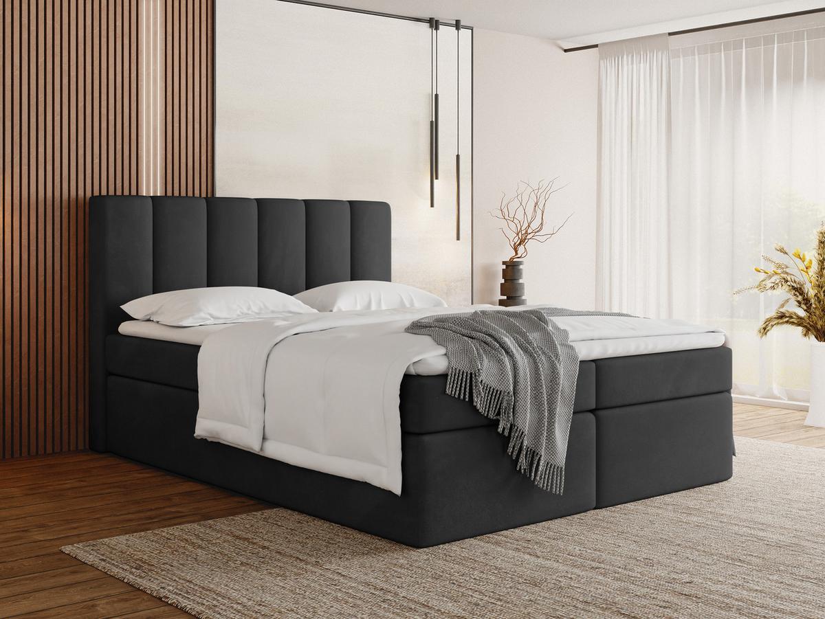 BOXBETT Amira mit Bettkasten, Samt Schwarz 120/200 cm – 7-Zonen Taschenfederkern-Matratze & Komfortschaum-Topper - Schwarz Hochglanz/Schwarz, Kunststoff/Textil (120/200cm) - WFL GROUP