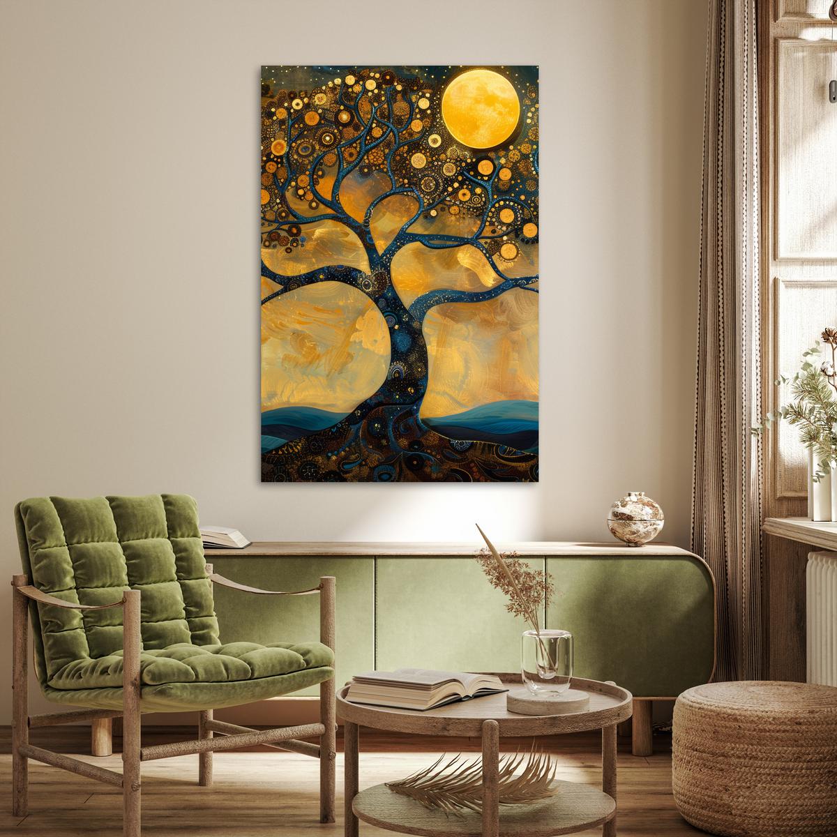 POSTER Baum - Mond - Blumen - Gold - Kunst Wandbild Schlafzimmer 80x120 cm - Orange, Papier (80/120/0.1cm) - MuchoWow
