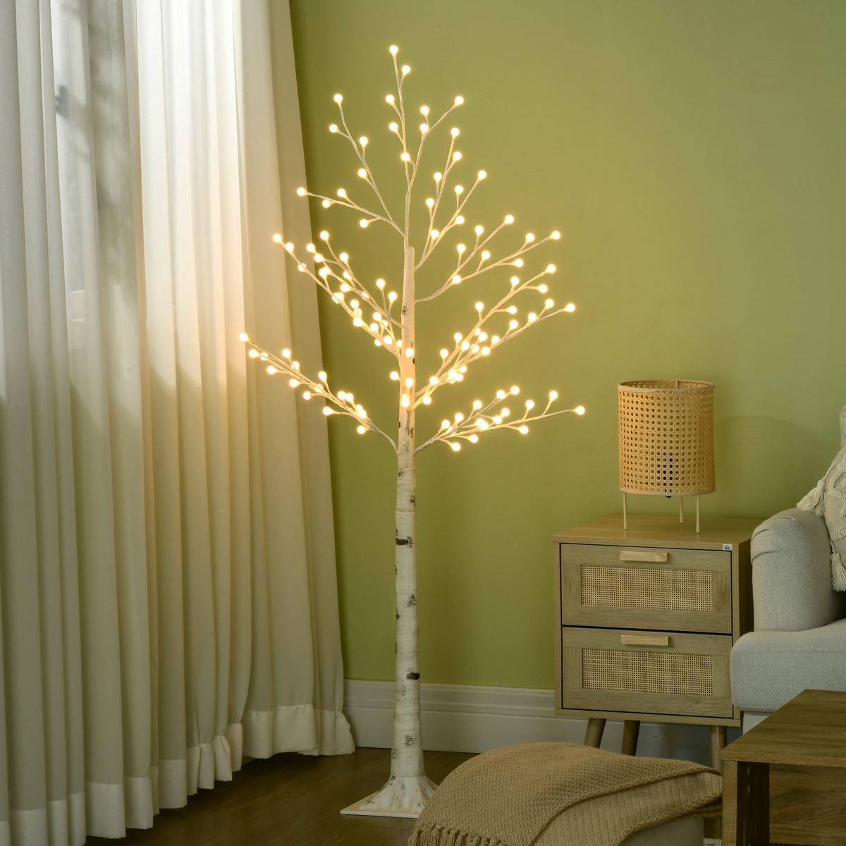 150 cm Lichterbaum, Birkenbaum mit 120 Warmweiß 3 Helligkeitsstufen LED IP44 - Weiß, Kunststoff (20/150/20cm) - HOMCOM