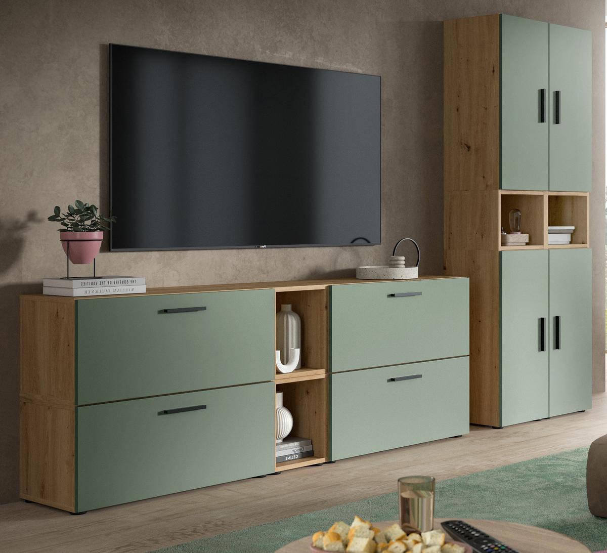WOHNWAND grün, Eiche Artisan 256 x 178 cm, Schrankwand mit Soft-Close - Schwarz/Eiche Artisan, Holzwerkstoff/Kunststoff (256/151/34cm) - Inn.Furn