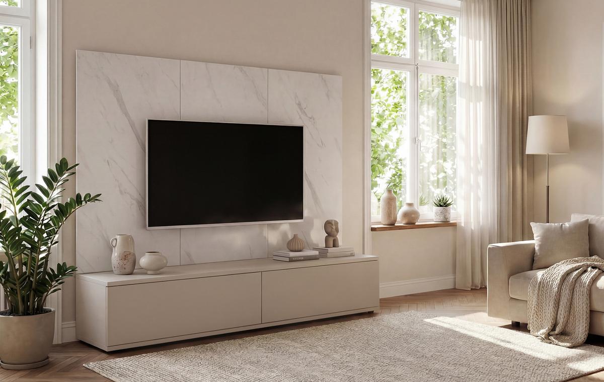 TV-LOWBOARD kaschmir, Marmor weiß 180 cm, TV Unterschrank Set mit Wandpaneel und Push-to-Open - Kaschmir/Weiß, Holzwerkstoff (180/155/45cm) - Inn.Furn