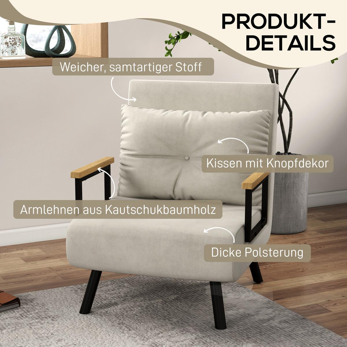 SCHLAFSESSEL, Einzelsofa mit Bettfunktion, Relaxsessel mit Rückenkissen Creme - Creme/Schwarz, Holz/Textil (63/81/73cm) - HOMCOM