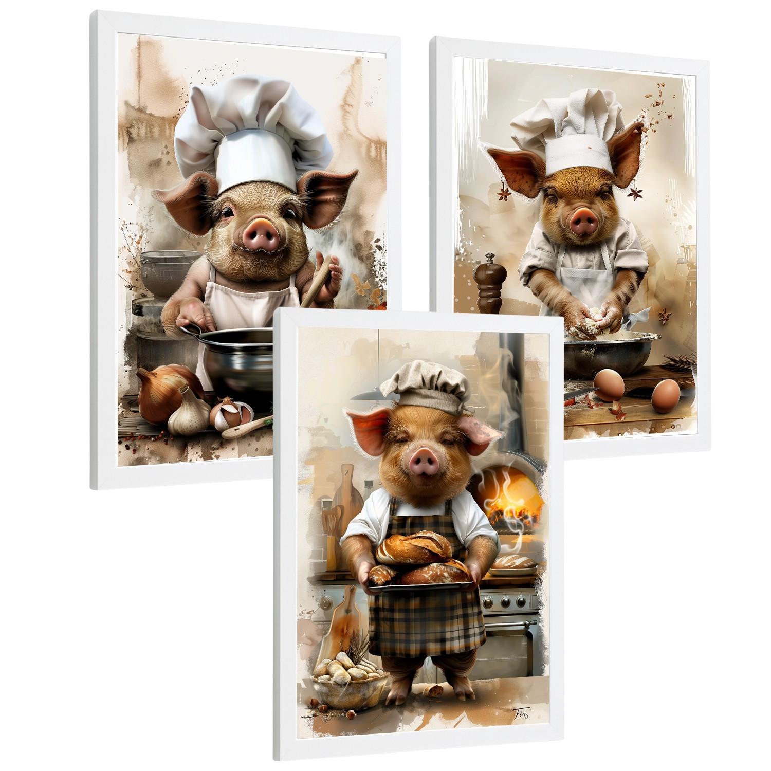 POSTER 3er Set Schwein Bäcker Wandbilder Lustiges Tier Koch Brot Backen Illustration Küche Wanddeko Weißer Rahmen A3 - Weiß, Papier (29.7/1/42cm) - Nacnic