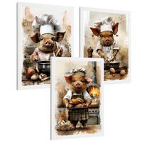 POSTER 3er Set Schwein Bäcker Wandbilder Lustiges Tier Koch Brot Backen Illustration Küche Wanddeko Weißer Rahmen A3 - Weiß, Papier (29.7/1/42cm) - Nacnic