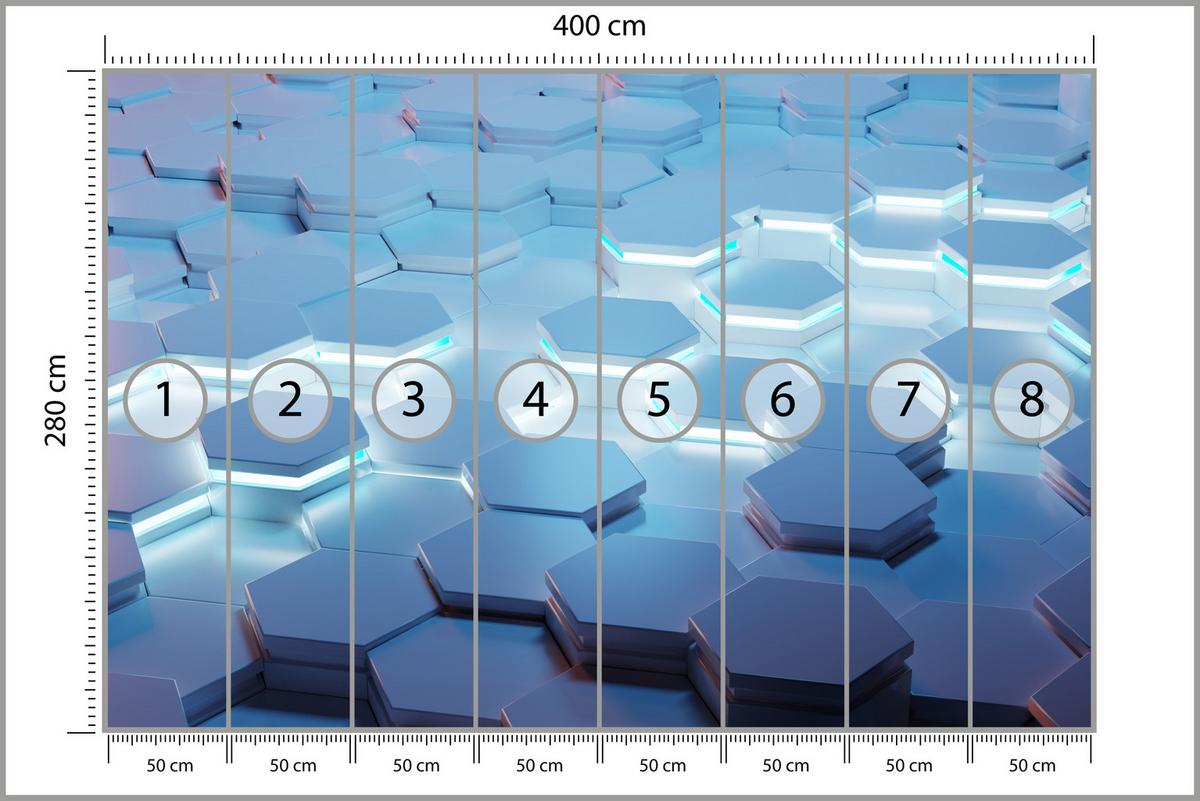 FOTOTAPETE für Jugendzimmer Blaue Neon Hexagone Formen Geometrie 400x280 - Blau/Weiß, Papier (400/280cm) - Muralo