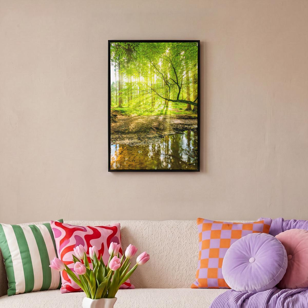 LEINWAND Bilder mit Rahmen - Wald - Landschaft - Wasser - Bäume - Sonne - Grün - Natur - 40x60 - Grün, Textil (40/60cm) - MuchoWow