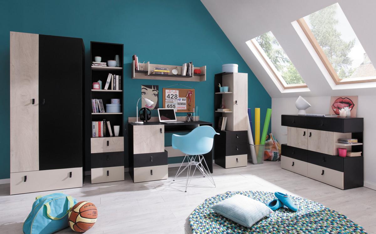 KOMMODE ISEO 110/90/40cm mit 6 Schubladen 4 Türen Schwarz - Eichefarben/Schwarz, Holzwerkstoff (110/90/40cm) - MASSENO