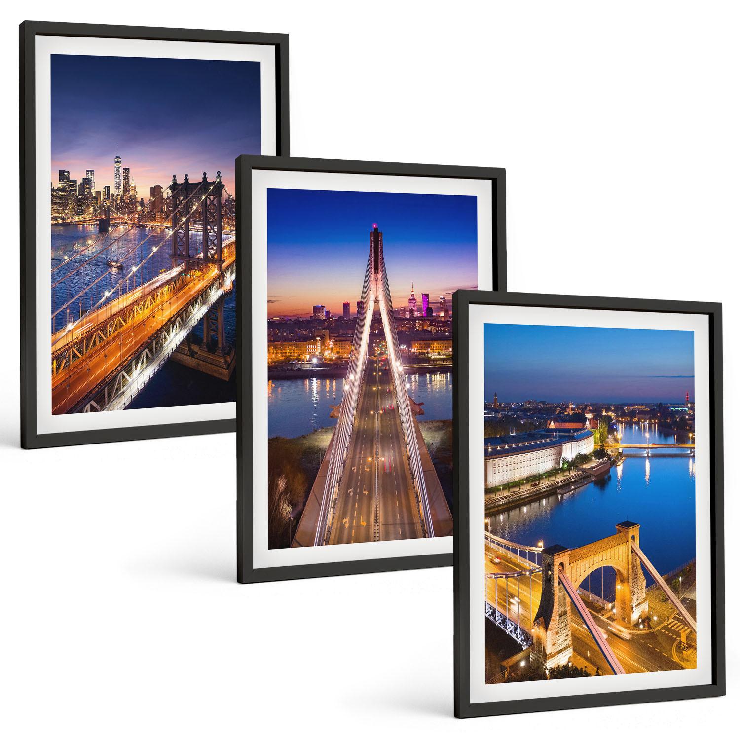 BILDER SET 3er Set - 40x60 cm Schwarzer Rahmen - Städte bei Nacht, Brücken, Flüsse - Schwarz, Kunststoff (40/60cm) - TULUP