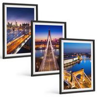 BILDER SET 3er Set - 40x60 cm Schwarzer Rahmen - Städte bei Nacht, Brücken, Flüsse - Schwarz, Kunststoff (40/60cm) - TULUP