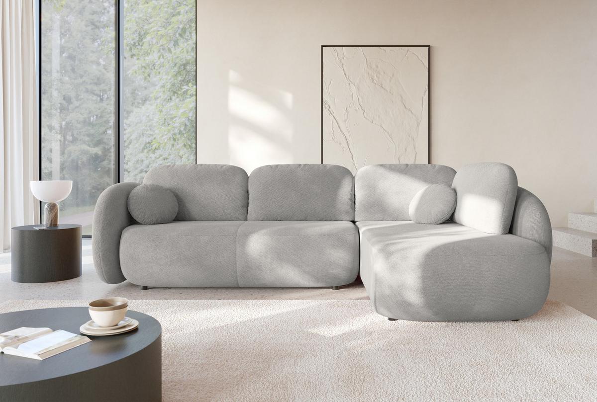 ECKSOFA AMICO II R-S Hellgrau Geflochtener Stoff mit Schlaffunktion - Hellgrau, Holz (289/190cm) - MASSENO