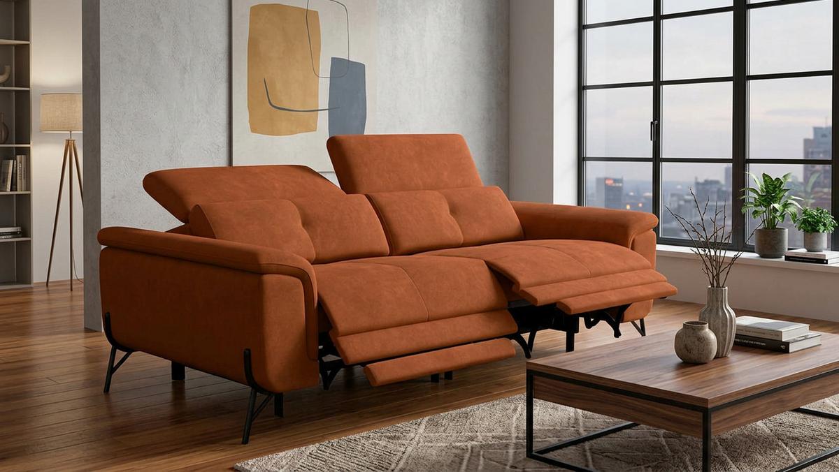 SOFA RELAX AVENA 3-Sitzer, dunkeloranger Veloursstoff - Dunkelorange/Schwarz, Holz/Textil (204/80/108cm) - Courtois Laville