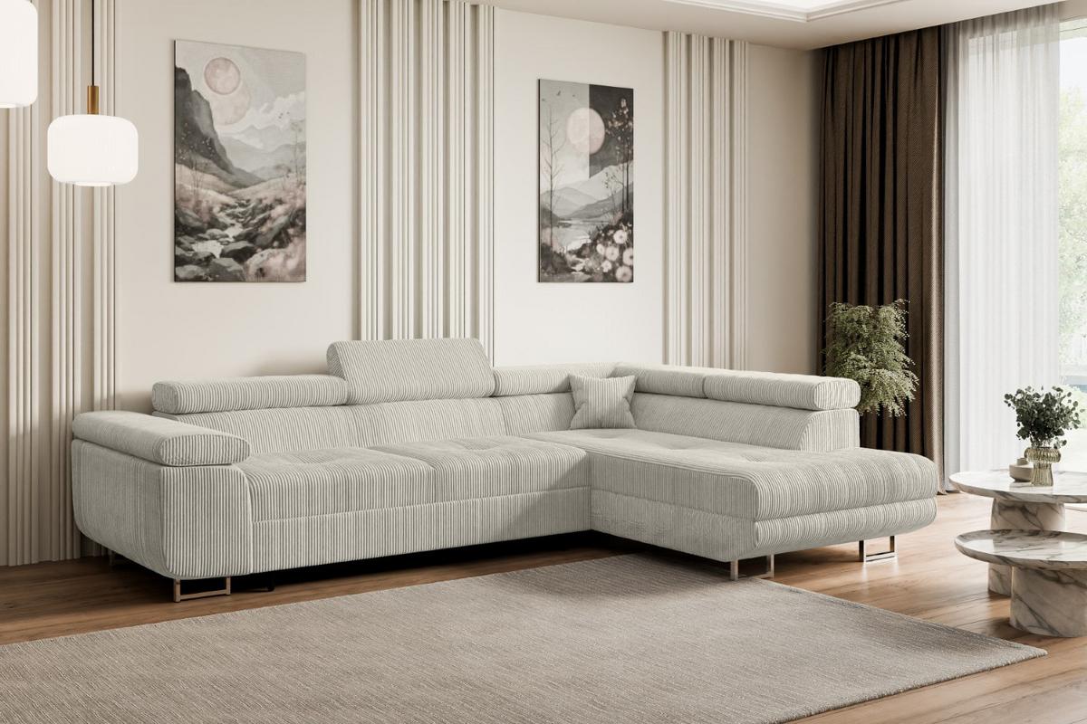 ECKSOFA mit Schlaffunktion und Bettkasten GUSA-L 272x202x107 cm Creme Cord - Silberfarben/Hellgrau, Holzwerkstoff/Textil (272/202cm) - ALTDECOR