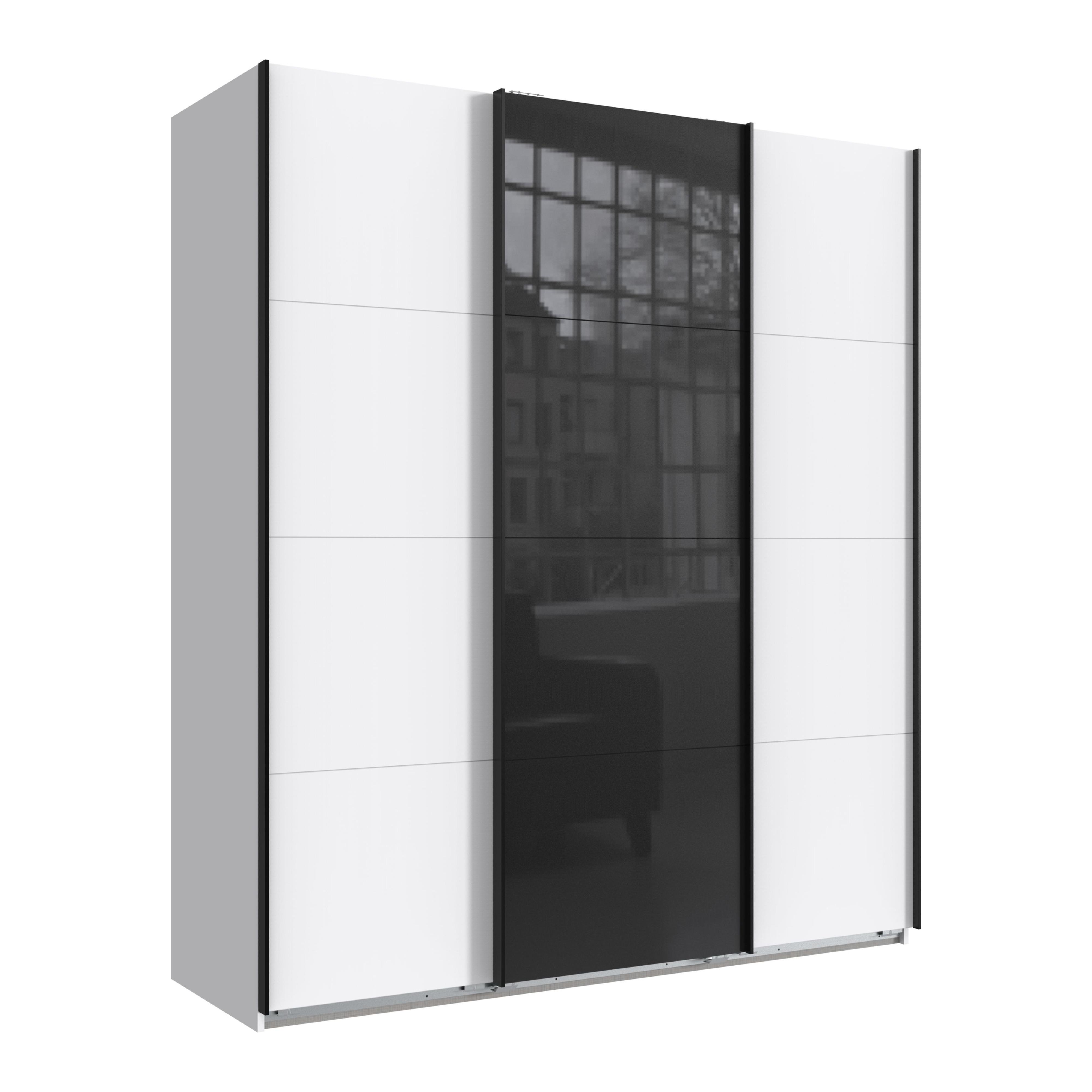 SCHWEBETÜRENSCHRANK 3-türig B180/H208/T64 cm in Weiß, Kleiderschrank mit einer Glasfront-Tür in Schwarz / 22515 - Schwarz Hochglanz/Schwarz, Holzwerkstoff/Metall (180/208/64cm) - luma-home
