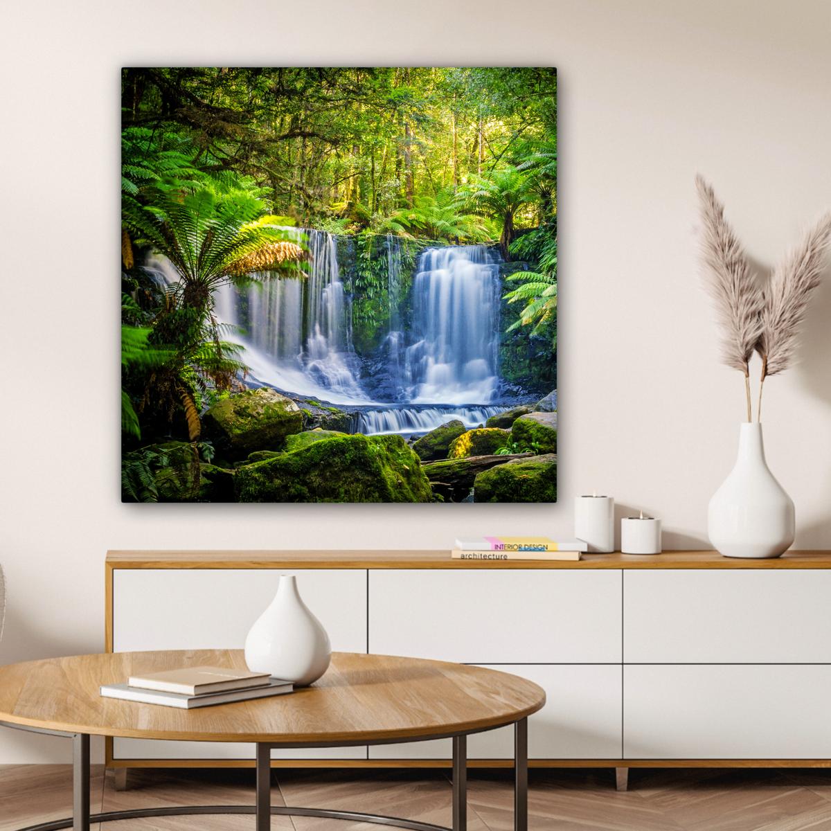 LEINWANDBILD Dschungel - Wasserfall - Australien - Pflanzen - Natur Deko Groß 90x90 cm - Dunkelgrün, Textil (90/90cm) - MuchoWow