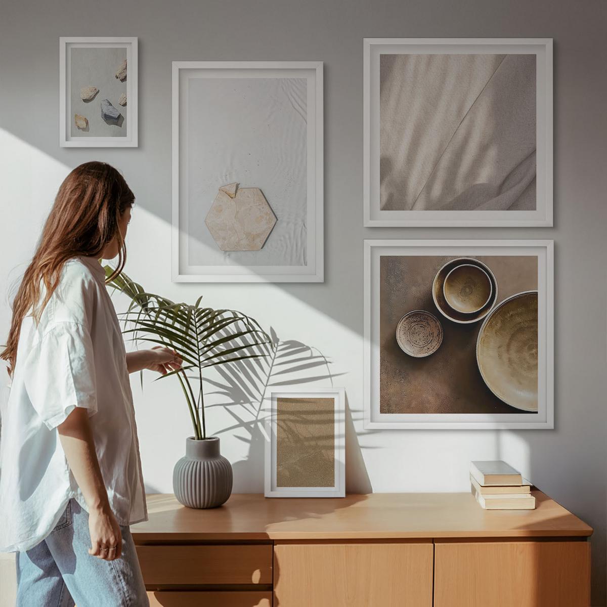 BILDER SET 5er Set - 50x50 cm & 20x30 cm & 40x60 cm Weißer Rahmen - Minimalistische warme Texturen - Weiß, Kunststoff (40/60cm) - TULUP