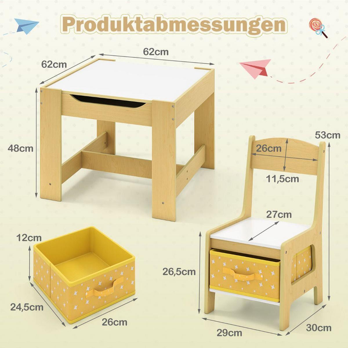 KINDERSITZ‑SET mit Stuhl gelb(3-tlg) - Gelb, Holzwerkstoff (62/48/62cm) - COSTWAY