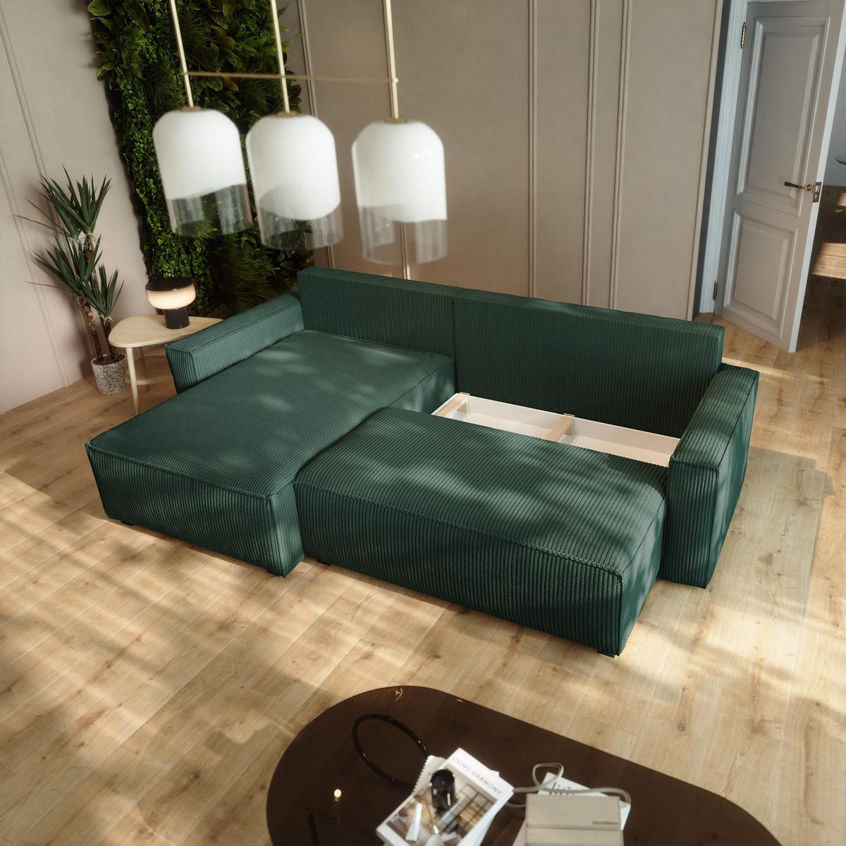 ECKSOFA BESMIR Grün Kordstoff mit Schlaffunktion - Grün, Holz (275/148cm) - MASSENO