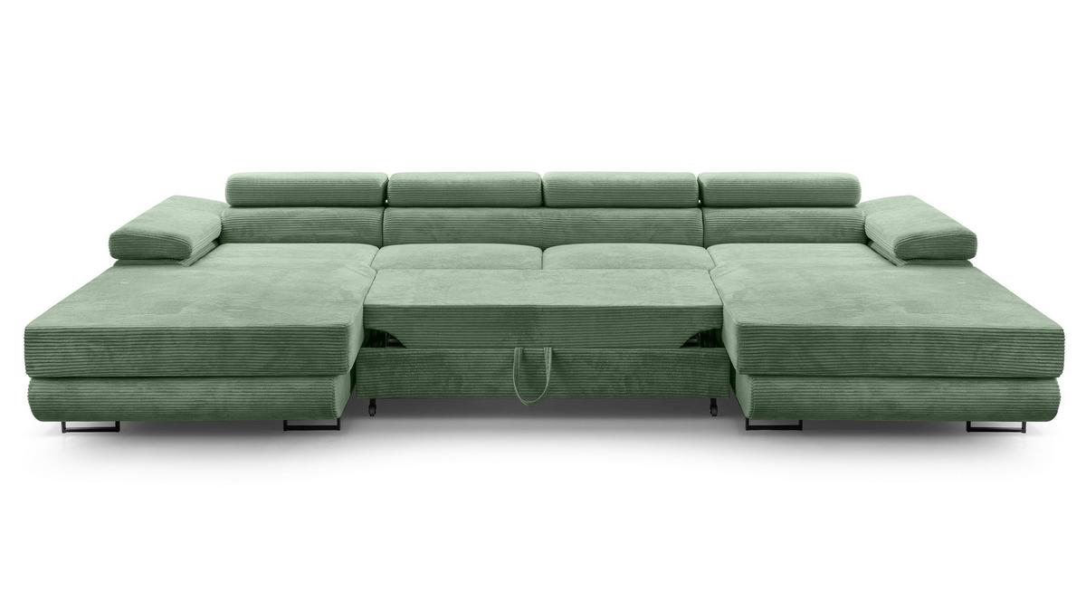 WOHNLANDSCHAFT Arborio Salbeigrün 352/202/90 cm mit Schlaffunktion - Schwarz/Grün, Textil/Metall (352/90/202cm) - AX Living