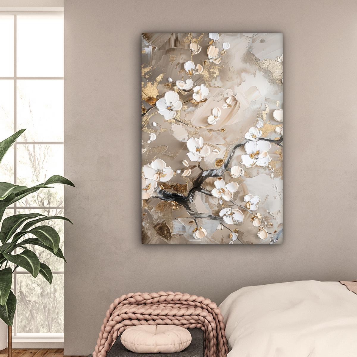 LEINWANDBILD Blumen - Weiß - Gold - Beige - Luxus Deko XXL 80x120 cm - Greige, Textil (80/120cm) - MuchoWow