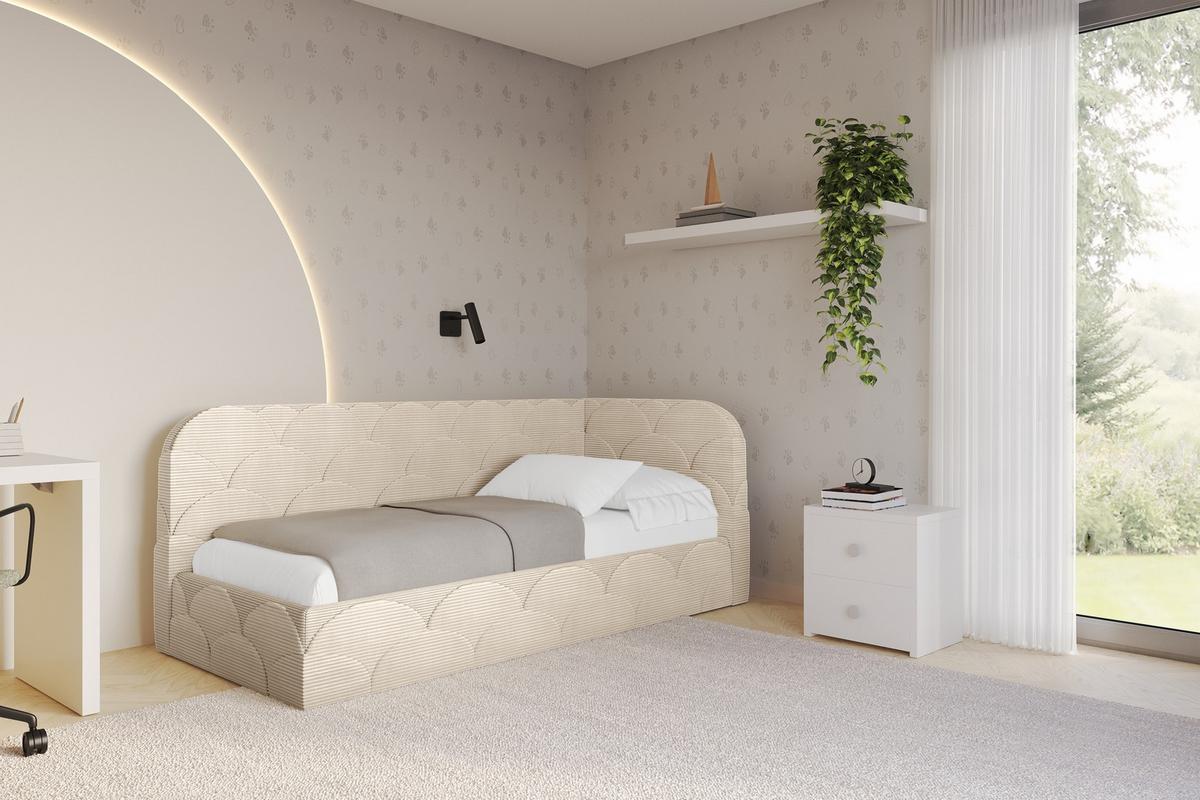 EINZELLBETT Jugendbett mit Bettkasten, Links - ELRY 80x200 Beige - Creme, Holzwerkstoff/Textil (80/200cm) - ALTDECOR