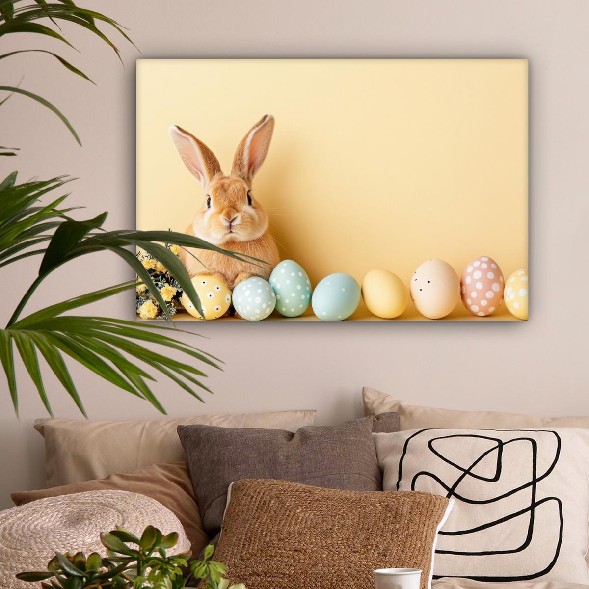 LEINWANDBILD Eier - Kaninchen - Pastellfarbtöne Gemälde 60x40 cm - Hellgelb, Textil (60/40cm) - MuchoWow