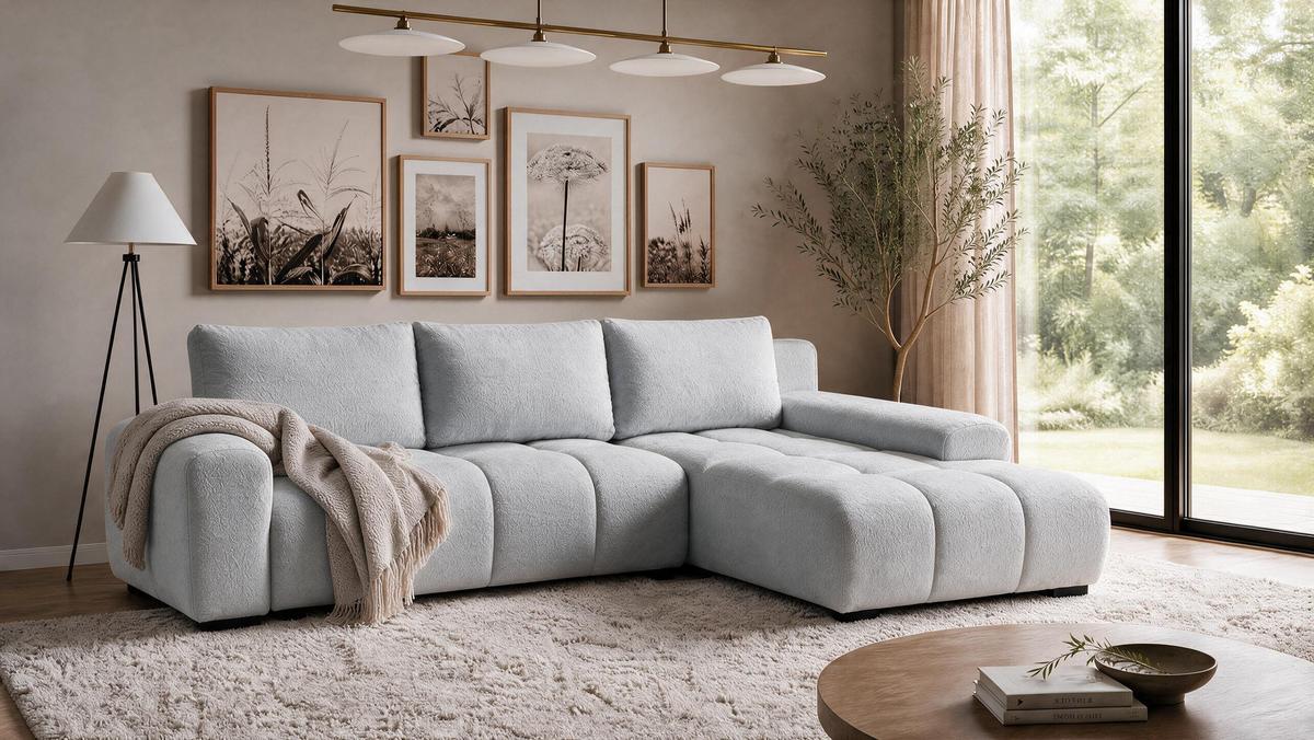 ECKSOFA Ovia mit Bettkasten und Schlaffunktion, Bouclé-Stoff in L-Form - Hellgrau, Textil (270/185cm)