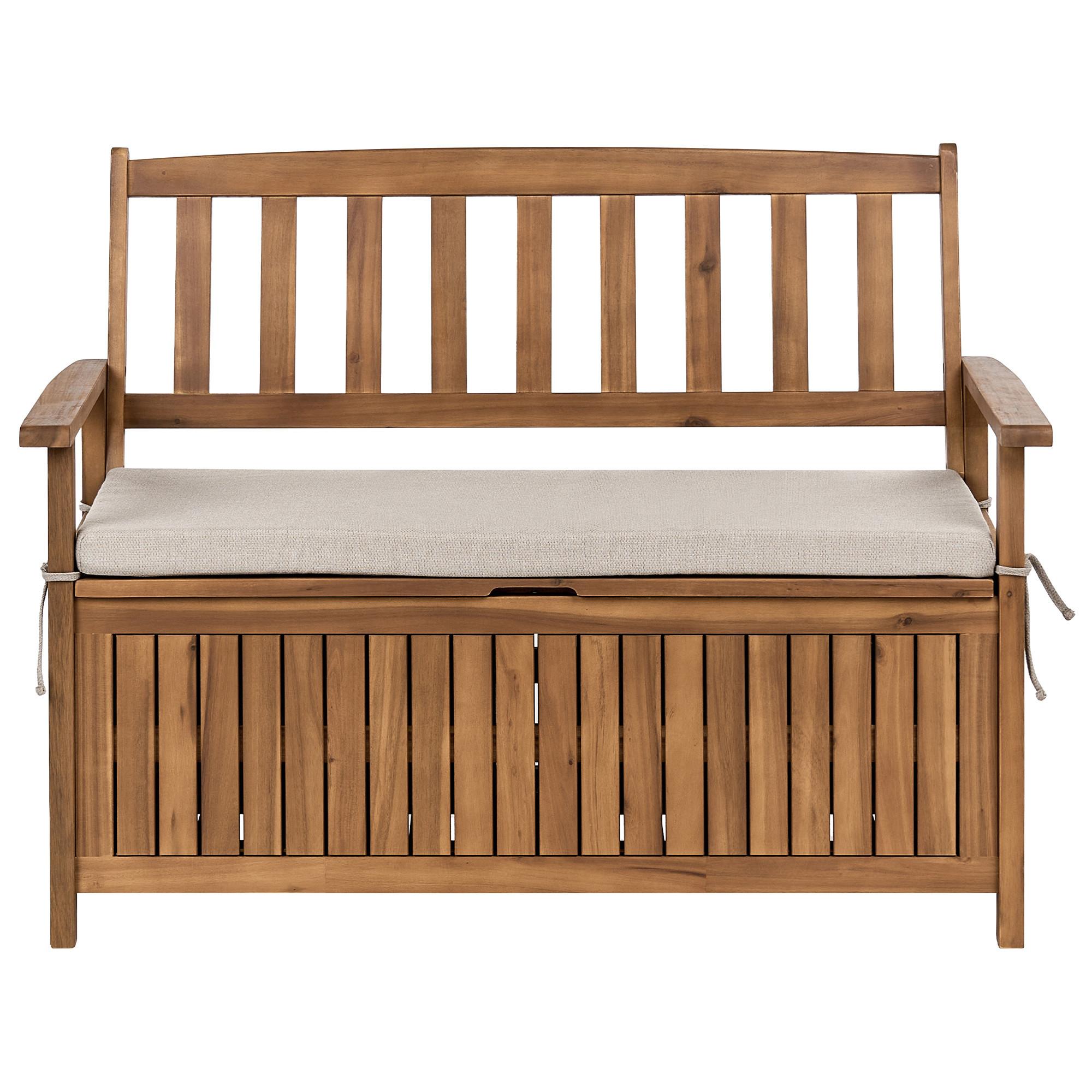 GARTENBANK mit Auflage 120 cm mit Stauraum Akazienholz Beige Sovana - Beige/Braun, Holz (120/91/60cm) - Beliani