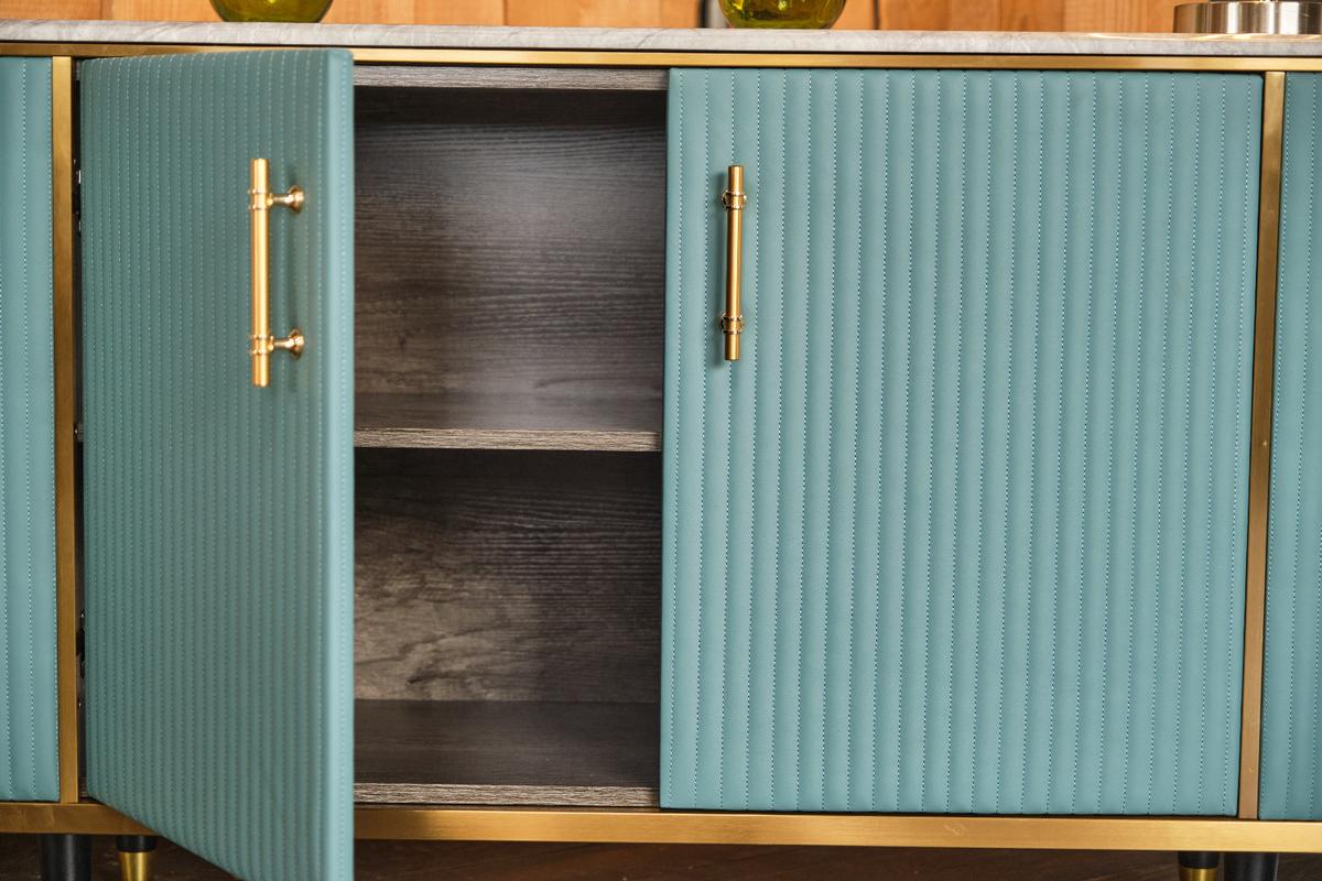 SIDEBOARD MARIA Hellblau Marmor, Kunstleder - Schwarz/Hellblau, Stein/Metall (150/76/40cm) - KAWOLA