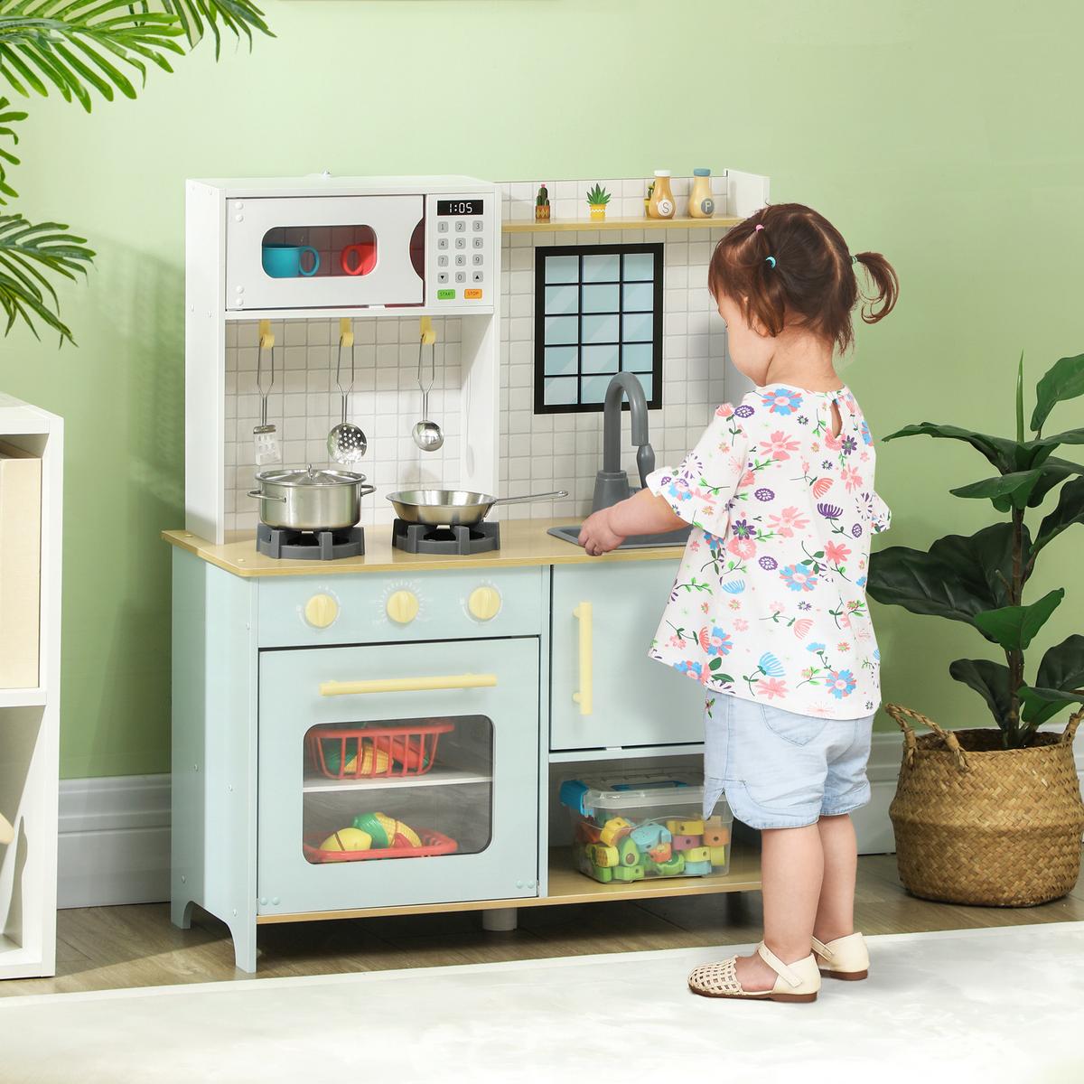 KINDERKÜCHE Spielküche mit Mikrowelle, Herd und Backofen, Küchenzubehör - Blau, Holzwerkstoff (72/33/85.2cm) - AIYAPLAY