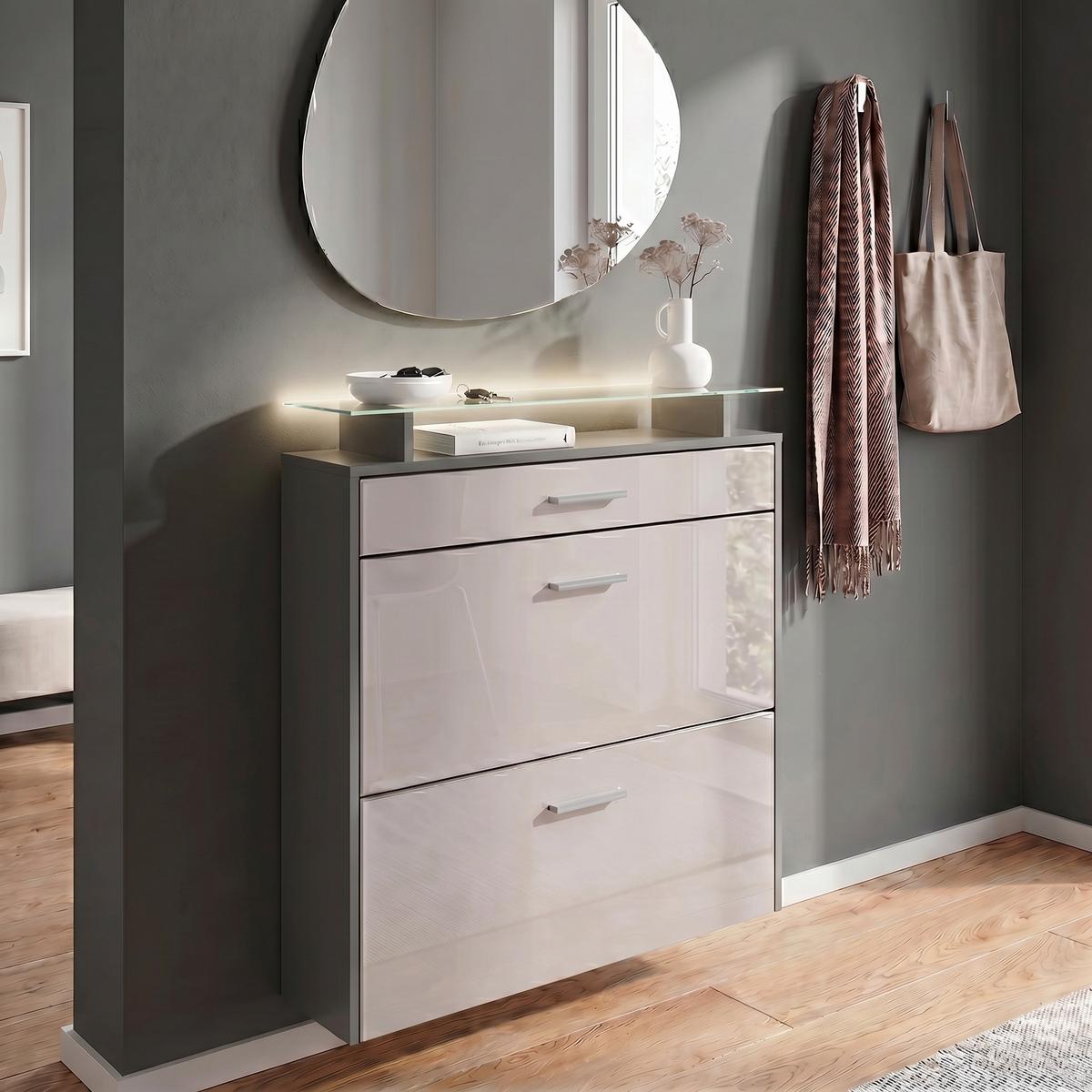 SCHUHSCHRANK Malea Fronten in Sandgrau Hochglanz - Sandfarben, Holzwerkstoff (89/96/23cm) - Vladon