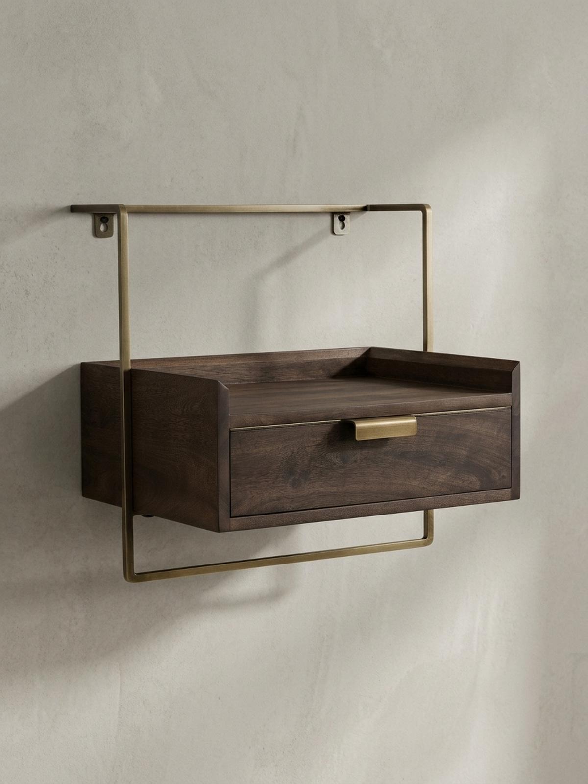 NACHTTISCH Mango Massivholz Wandmontage Schublade Boxspringbett, Braun 44x35x45 cm - Goldfarben/Braun, Holz/Metall (44/45/35cm) - KADIMA DESIGN