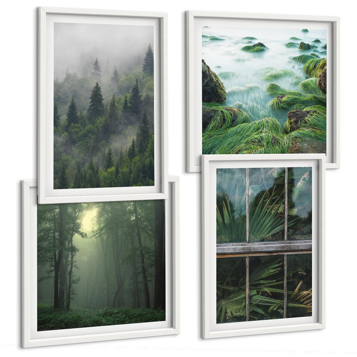 BILDER SET 4er Set - 50x50 cm & 40x60 cm Weißer Rahmen - Waldnebel, Fluss, Gewächshauspflanzen - Weiß, Kunststoff (50/50cm) - TULUP