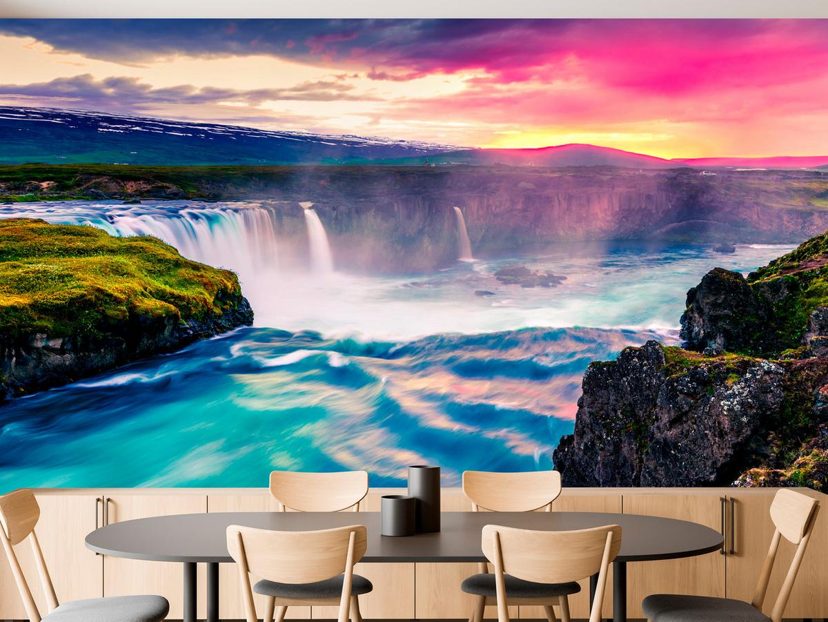 FOTOTAPETE für Esszimmer Godafoss Wasserfall Sonnenuntergang Natur 300x210 - Multicolor, Papier (300/210cm) - Muralo