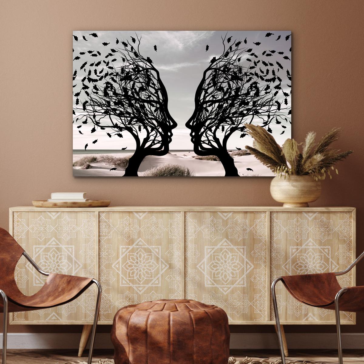 METALLBILD Strand - Meer - Menschen - Baum - Moderne Kunst Deko Groß 120x80 cm - Hellgrau, Metall (120/80cm) - MuchoWow