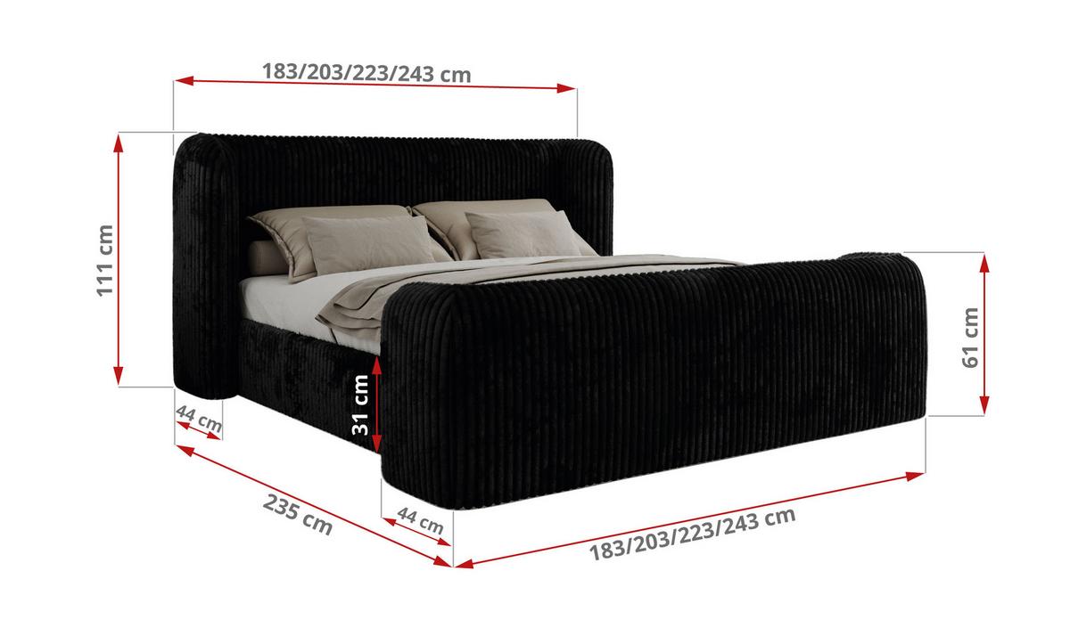POLSTERBETT EMORA CLASSIC DUO 200/200 - Schwarz Cord - Multipocket-Matratze - Schwarz, Textil (200/200cm) - MKS
