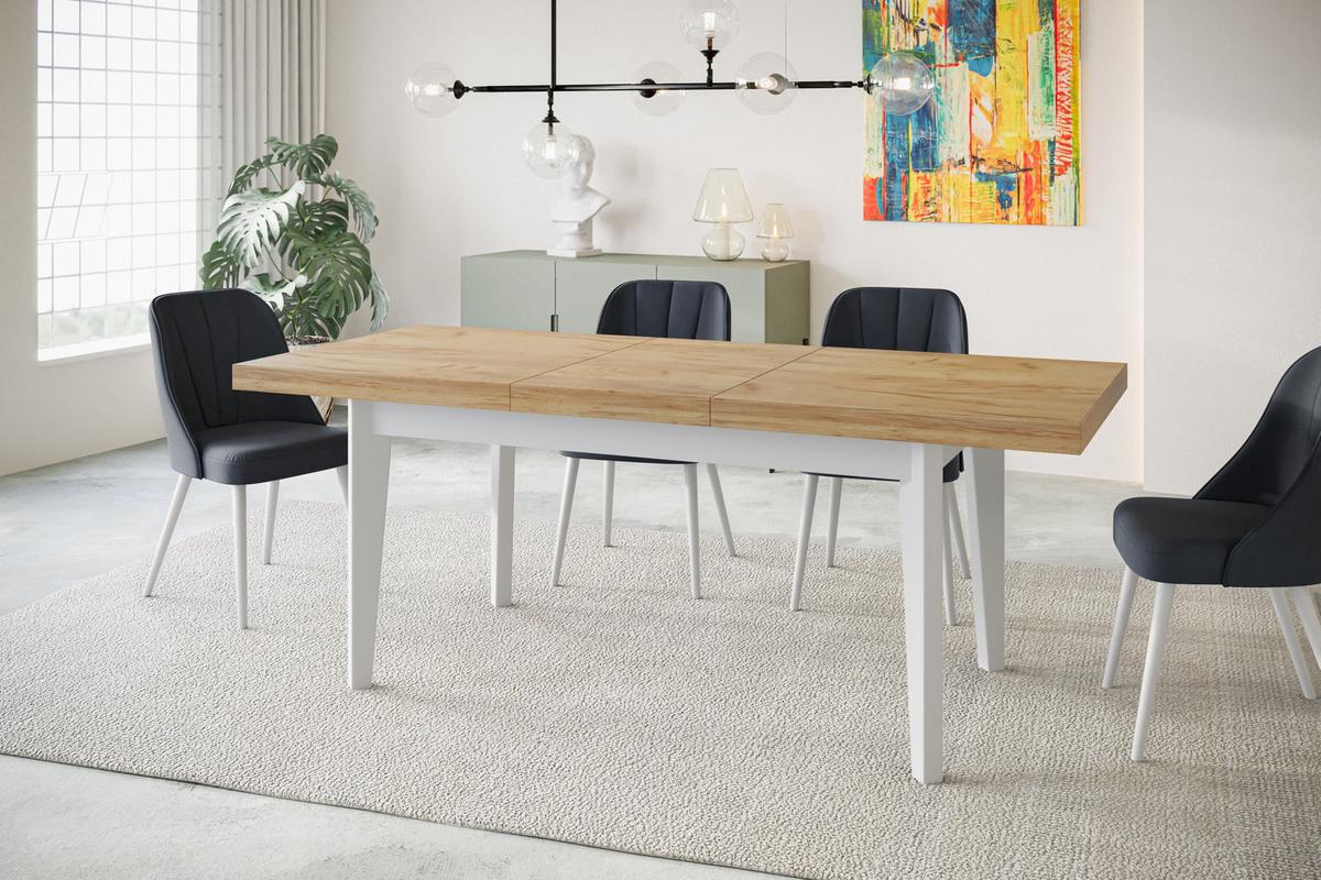RECHTECKIGER Esszimmertisch SKANDI, ausziehbarer Tisch, Größe: 140-180X80X78 cm, Wohnzimmertisch Farbe: CRAFT, mit Holzbeinen in Farbe Weiß - Braun/Weiß, Holzwerkstoff (140/80/78cm) - Alpi-Möbel