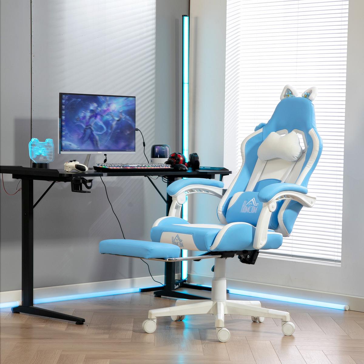 GAMING-STUHL Kunstleder Hellblau - Blau/Weiß, Kunststoff (62/124/65cm) - HOMCOM