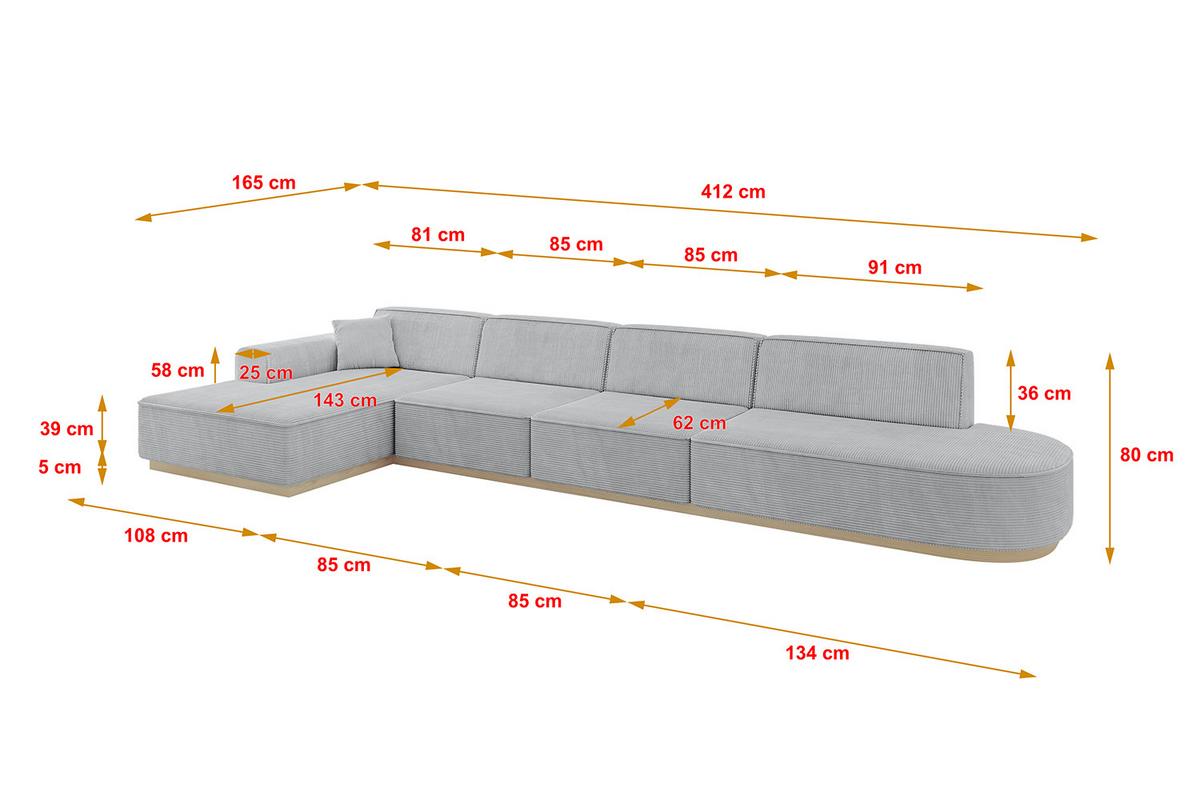 ECKSOFA Ottomane Links IREA-L3 - 412x165x80 cm Grau - Grau, Holzwerkstoff/Textil (412/165cm) - ALTDECOR