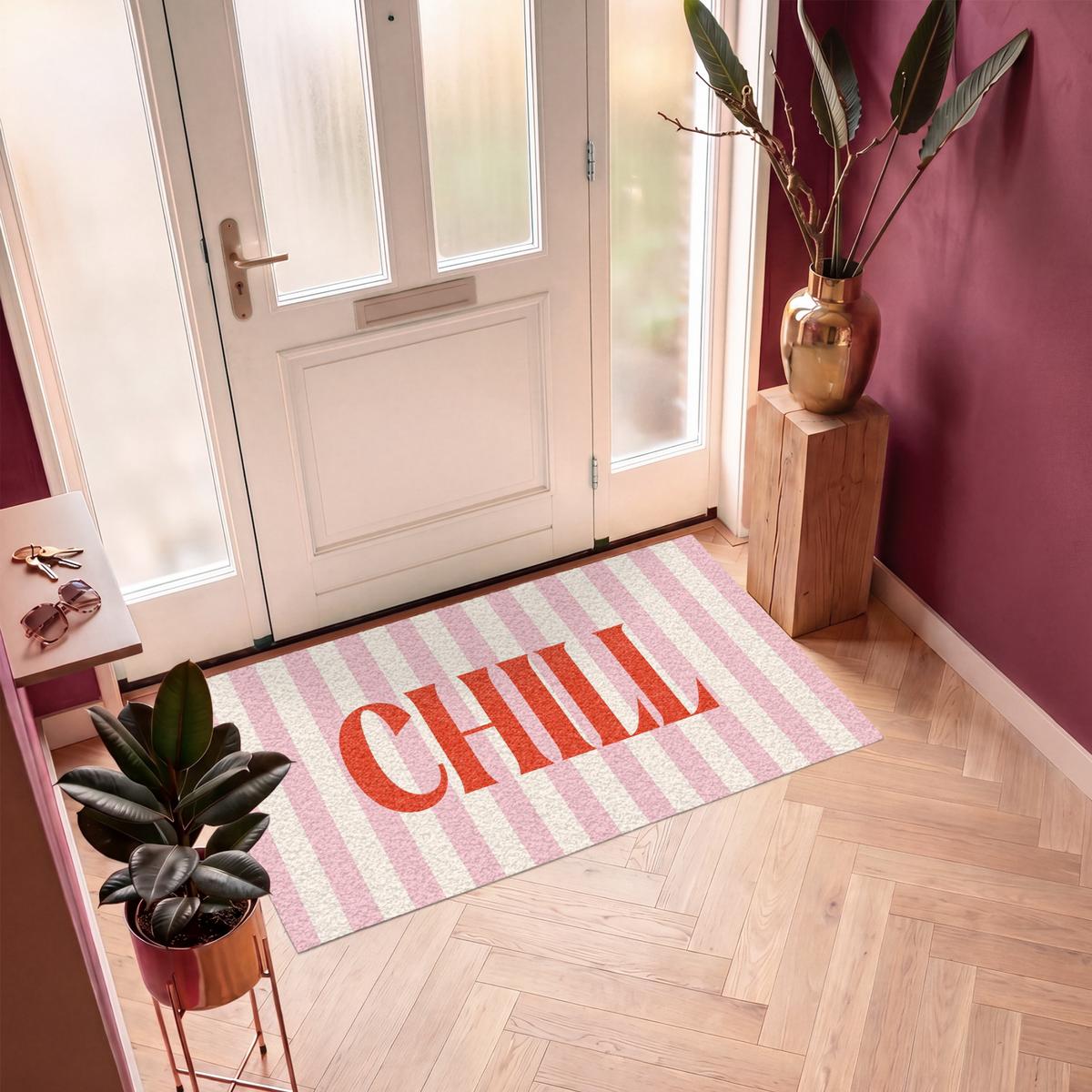 FUSSMATTE Zartrosa – Rot – Streifen – Chill 150x90 cm - Rosa, Kunststoff (150/0.4cm) - MuchoWow
