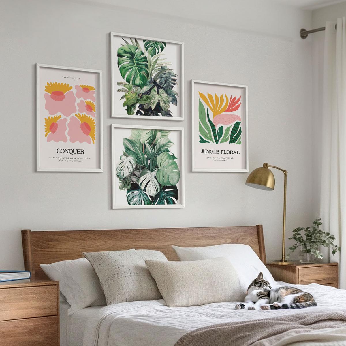 BILDER SET 4er Set - 50x50 cm & 40x60 cm Weißer Rahmen - Blumen und Blätter – moderne Poster - Weiß, Kunststoff (50/50cm) - TULUP