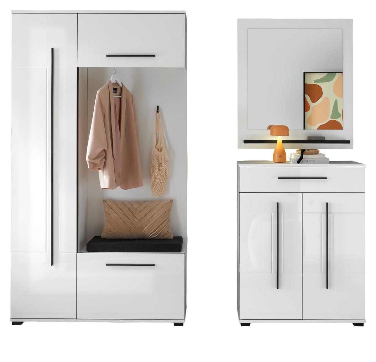 GARDEROBEN-SET weiß Hochglanz 4-teilig 200 cm, Flurgarderobe mit viel Stauraum - Dunkelgrau/Weiß Hochglanz, Glas/Holzwerkstoff (201/200/39cm) - Furn.Design