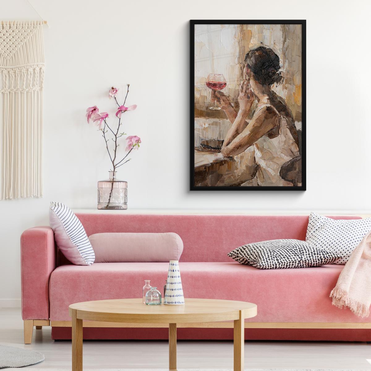 POSTER MIT RAHMENGERAHMTES BILD Ölgemälde - Frau - Wein 60x90 cm - Hellbraun, Papier (60/90cm) - MuchoWow