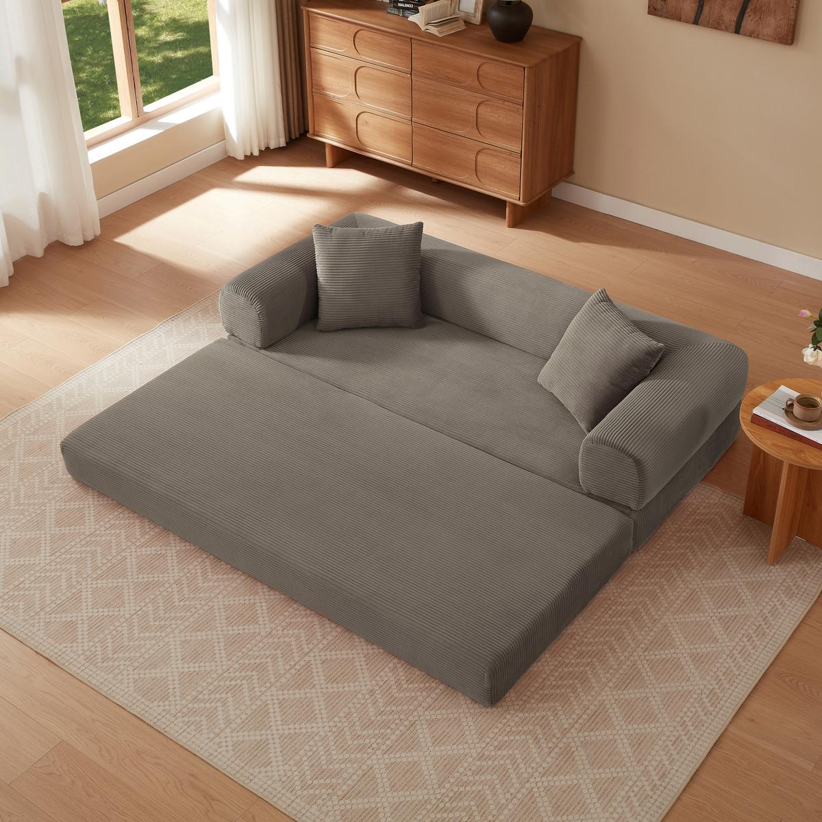 SCHLAFSOFA aus Cord in Taupe – 2-in-1 Bodensofa & Gästebett ohne Montage - Taupe, Textil (89/59/195cm) - Urban Meuble
