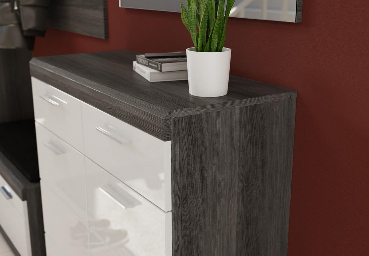 SCHUHSCHRANK weiß Hochglanz, Rauchsilber grau 90 cm, Flur Kommode mit Vollauszug - Chromfarben/Weiß Hochglanz, Holzwerkstoff/Kunststoff (90/96/37cm) - Inn.Furn